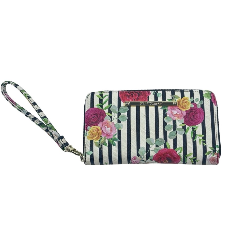 Betsey Johnson Wallet Wristlet Stripes Black White Zip Snap Floral Pink Gold